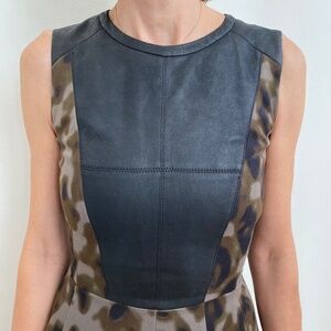 Karen Millen Camouflage Fit & Flare Dress with Faux Leather Panel - Size US 2